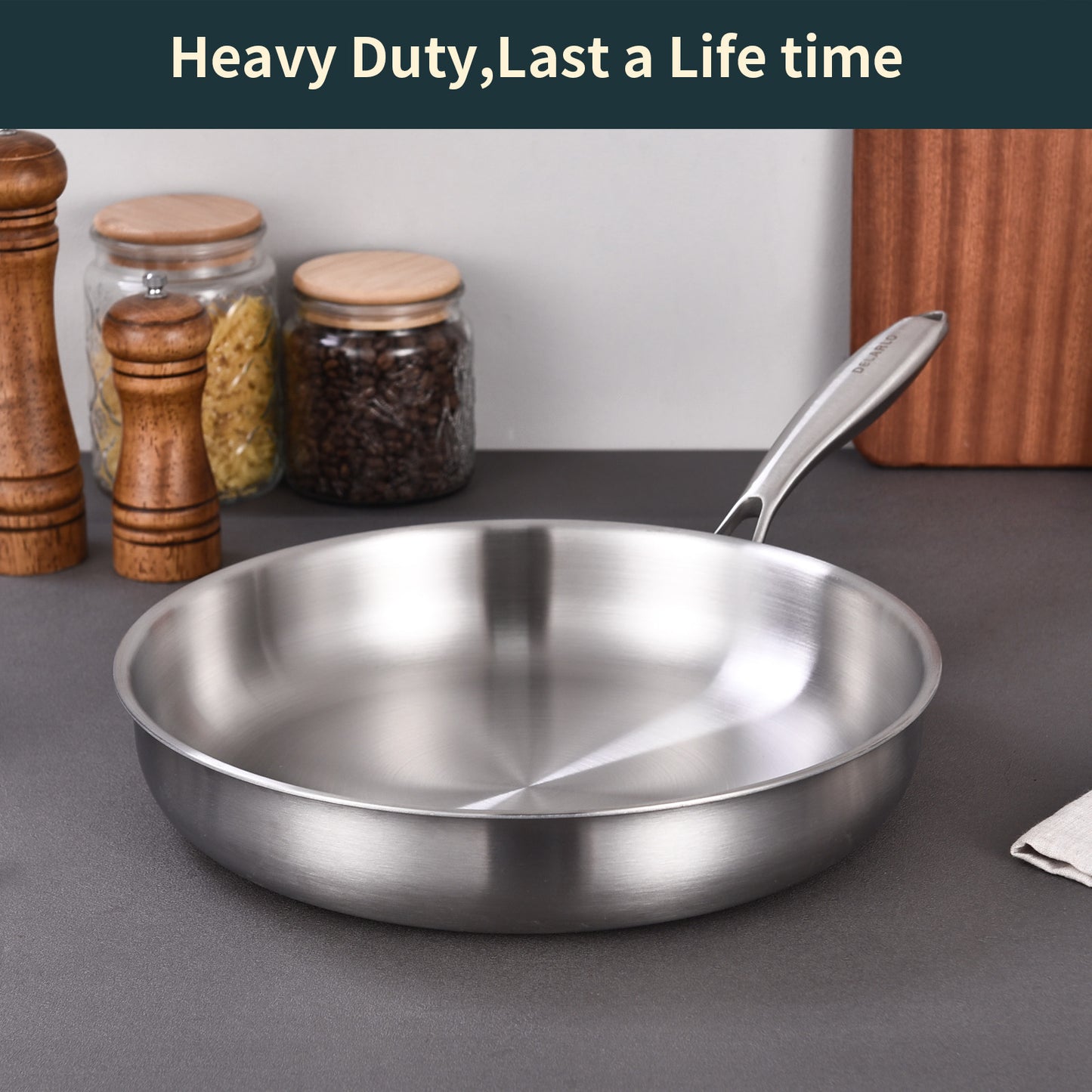 DELARLO Tri-Ply Stainless Steel Pan, 12 inch Frying Pan with Lid, Compatible with All Cooktops Up to 600℉, Fast & Even Heat, Skillet, Induction Cookware, Cooking Pan, Stir Fry Pan, Dishwasher Safe Pan