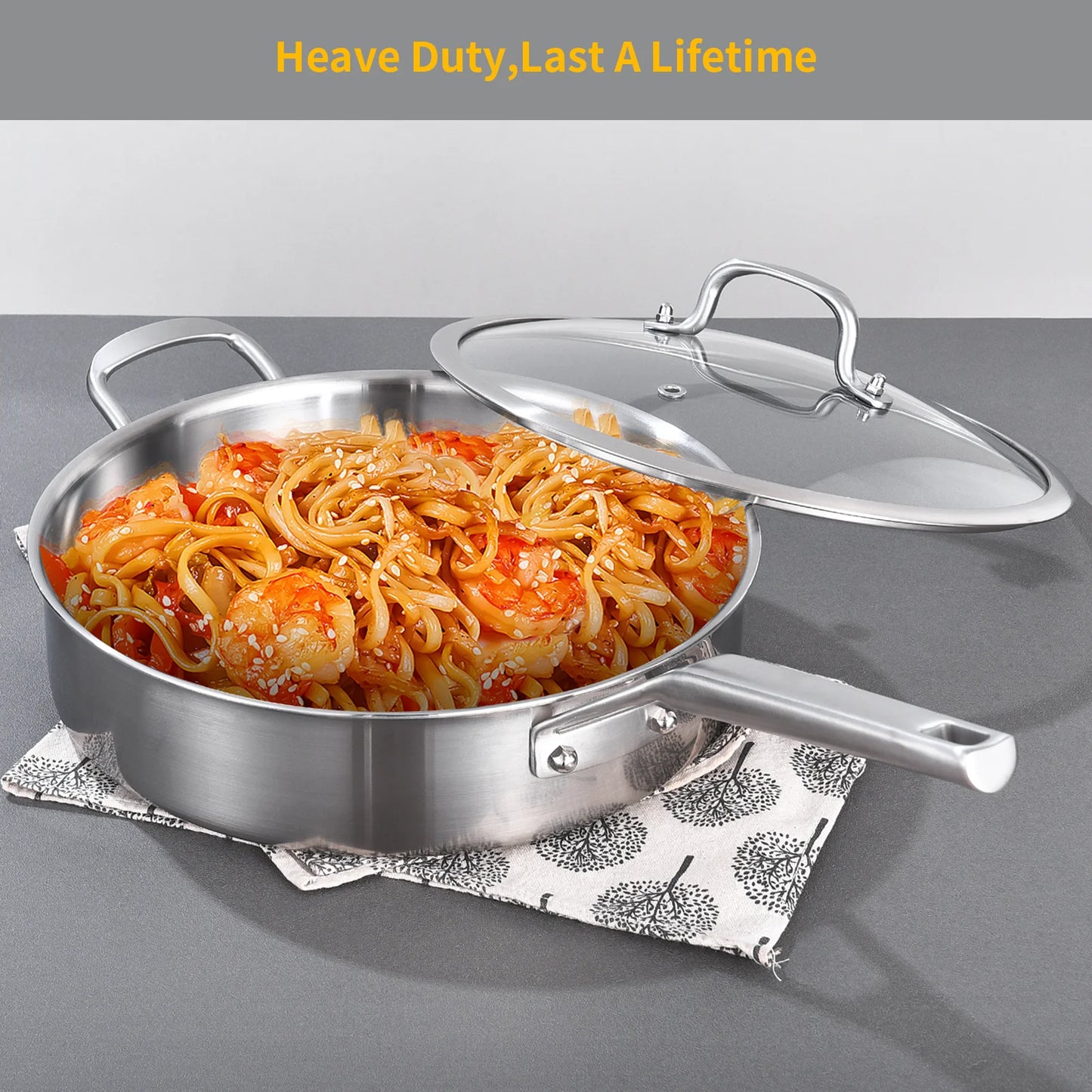 DELARLO Tri-Ply Stainless Steel 7QT Saute Pan with lid 12 Inch Deep Frying Pan, Large Skillet Cooking Pan Induction Compatible Chef Pan, Dishwasher & Oven Safe