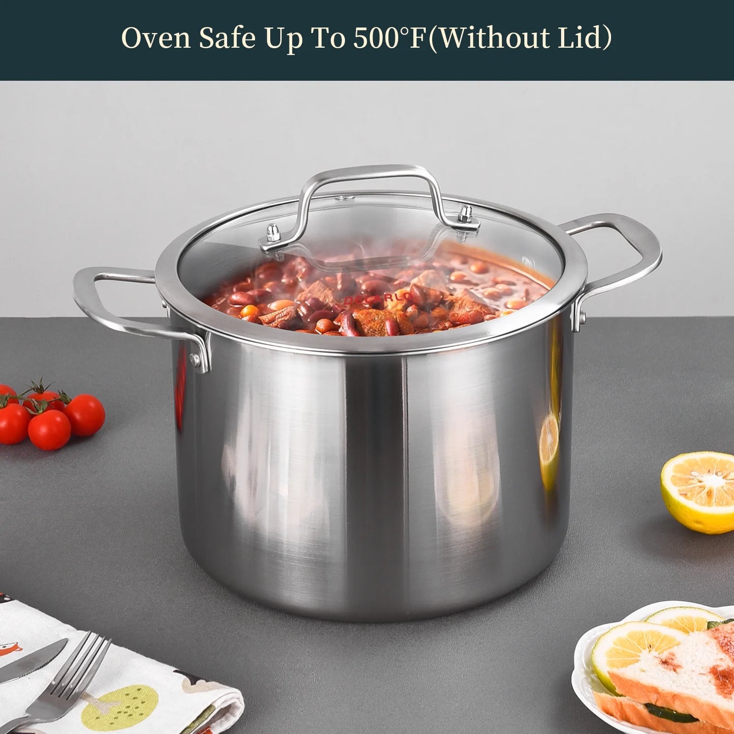 DELARLO Tri-ply Stainless Steel StockPot 8QT, Induction Cooking Pot 18/10 Stockpots Food Grade, Durable Soup Pot Stew Simmering Pot with Glass Lid Suitable for All stoves
