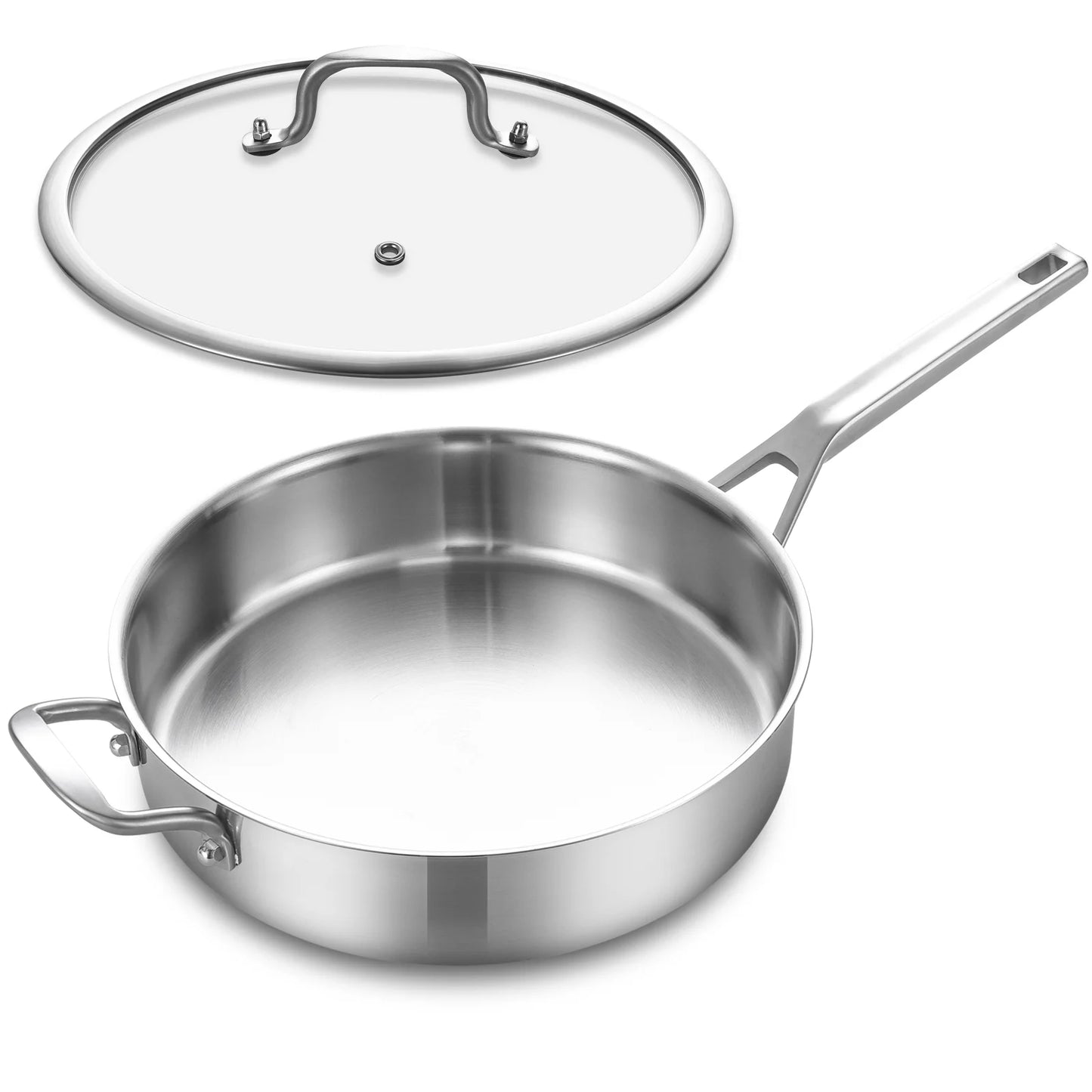 DELARLO Tri-Ply Stainless Steel 7QT Saute Pan with lid 12 Inch Deep Frying Pan, Large Skillet Cooking Pan Induction Compatible Chef Pan, Dishwasher & Oven Safe