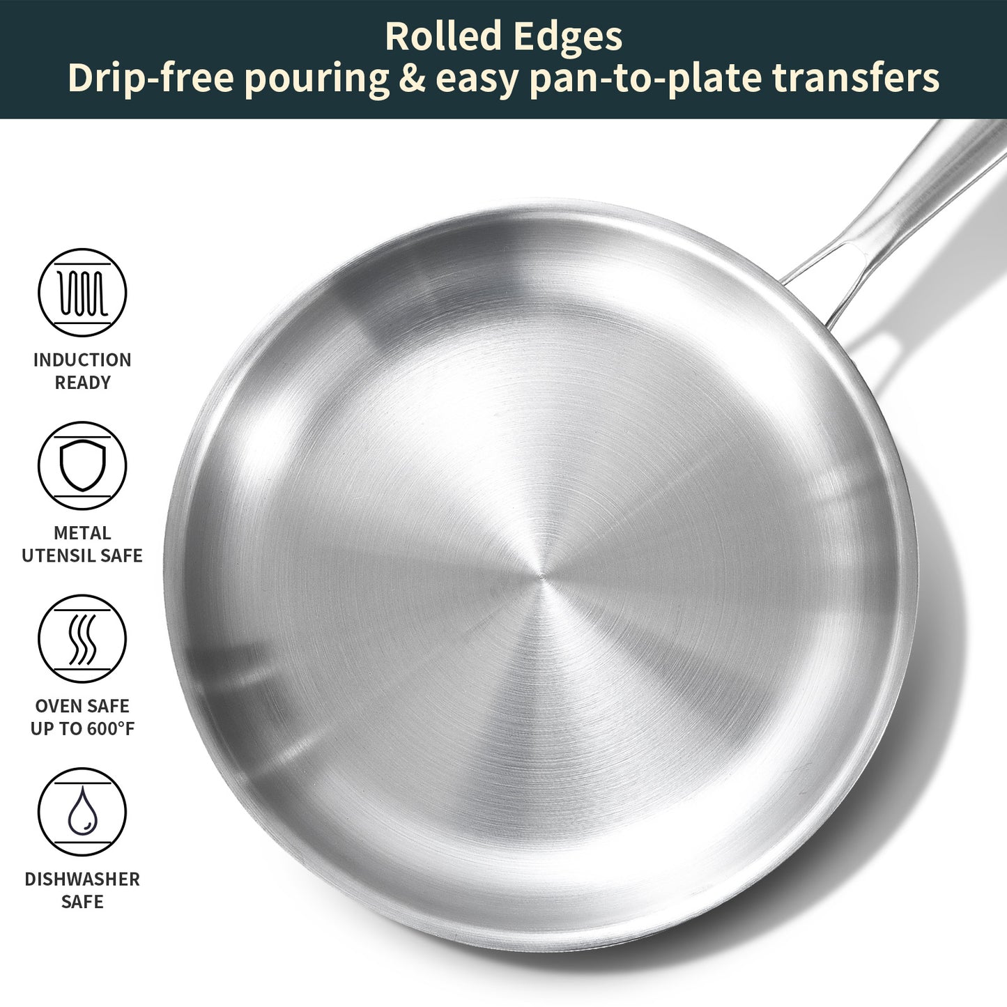 DELARLO Tri-Ply Stainless Steel Pan, 12 inch Frying Pan with Lid, Compatible with All Cooktops Up to 600℉, Fast & Even Heat, Skillet, Induction Cookware, Cooking Pan, Stir Fry Pan, Dishwasher Safe Pan