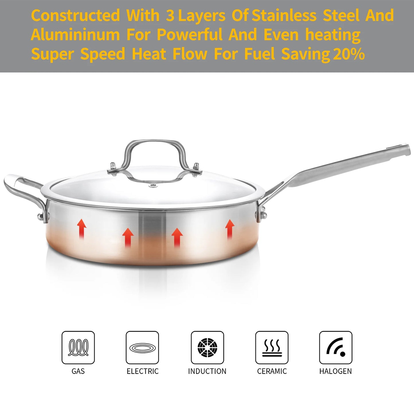 DELARLO Tri-Ply Stainless Steel 5QT Saute Pan with lid 12 Inch Deep Frying Pan, Large Skillet Induction Compatible Chef Pan, Dishwasher & Oven Safe