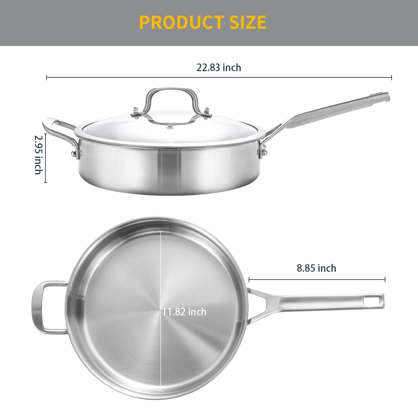 DELARLO Tri-Ply Stainless Steel 5QT Saute Pan with lid 12 Inch Deep Frying Pan, Large Skillet Induction Compatible Chef Pan, Dishwasher & Oven Safe