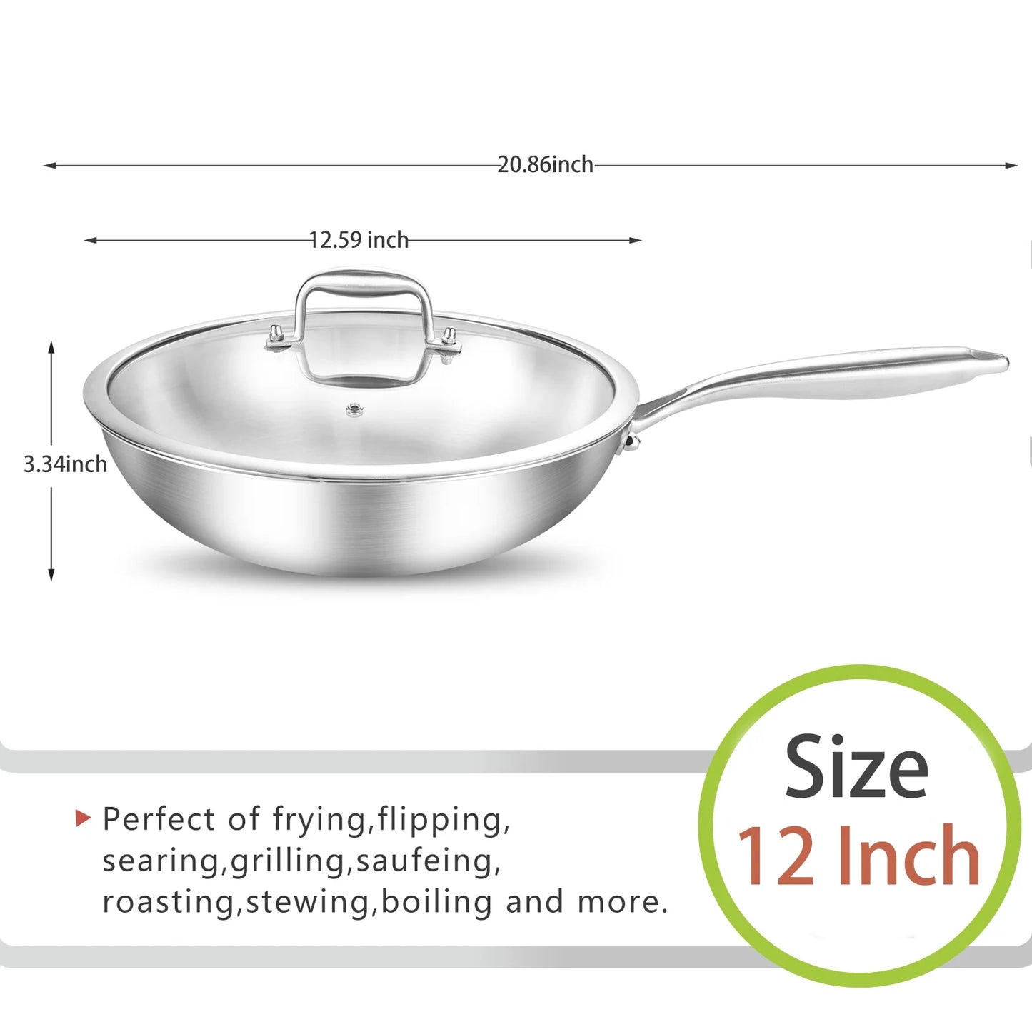 DELARLO Tri-Ply Stainless Steel Wok Pan With Lid 12 Inch Wok, Flat Bottom Wok, Wok for Induction Cooktop, Wide and Deep Stainless Wok
