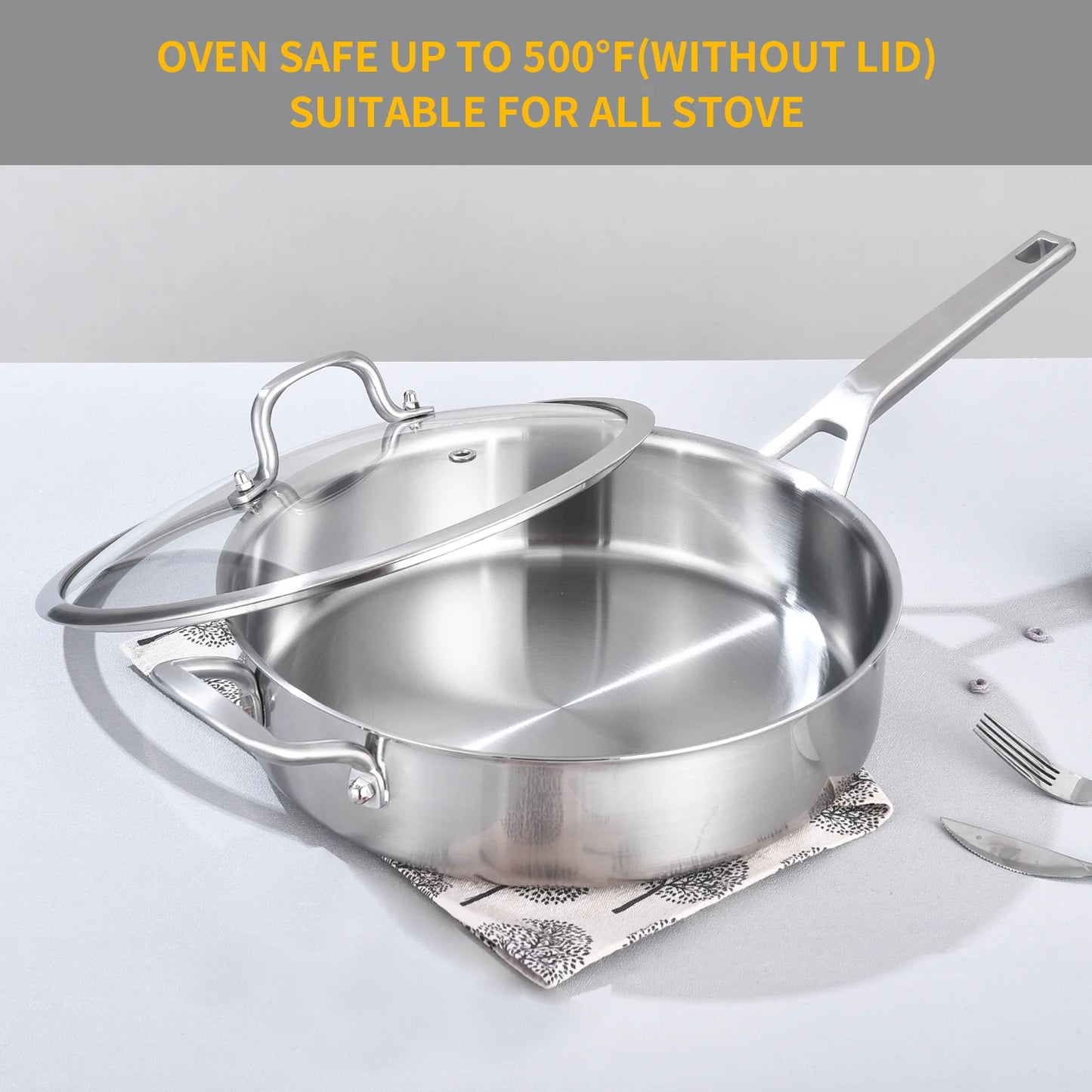 DELARLO Tri-Ply Stainless Steel 5QT Saute Pan with lid 12 Inch Deep Frying Pan, Large Skillet Induction Compatible Chef Pan, Dishwasher & Oven Safe