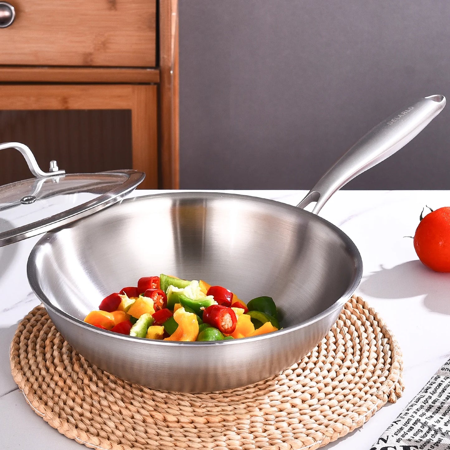 DELARLO Tri-Ply Stainless Steel Wok Pan With Lid 12 Inch Wok, Flat Bottom Wok, Wok for Induction Cooktop, Wide and Deep Stainless Wok