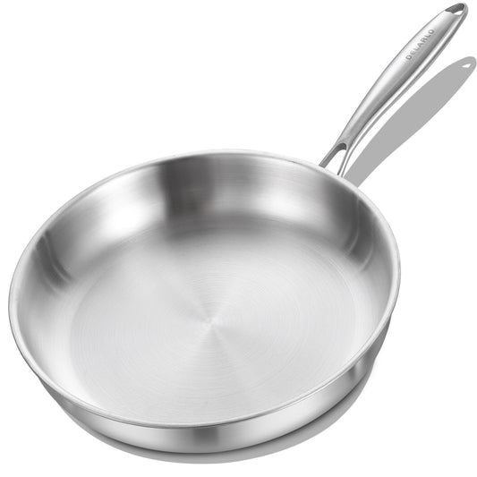 DELARLO Tri-Ply Stainless Steel Pan, 12 inch Frying Pan with Lid, Compatible with All Cooktops Up to 600℉, Fast & Even Heat, Skillet, Induction Cookware, Cooking Pan, Stir Fry Pan, Dishwasher Safe Pan