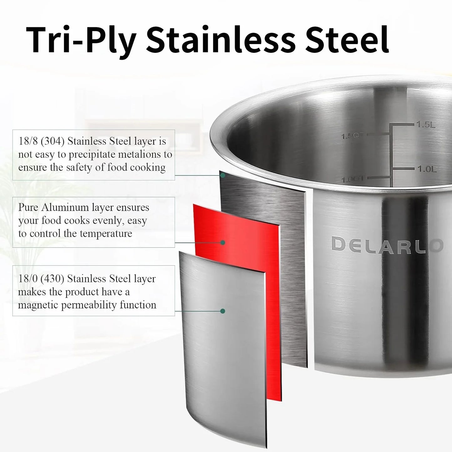 DELARLO Tri-Ply 1QT Stainless Steel induction Cooking Small Saucepan With Lid,Heavy Bottom milk pan,Dishwasher Safe & Oven Safe