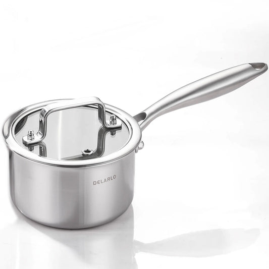 DELARLO Tri-Ply 1QT Stainless Steel induction Cooking Small Saucepan With Lid,Heavy Bottom milk pan,Dishwasher Safe & Oven Safe
