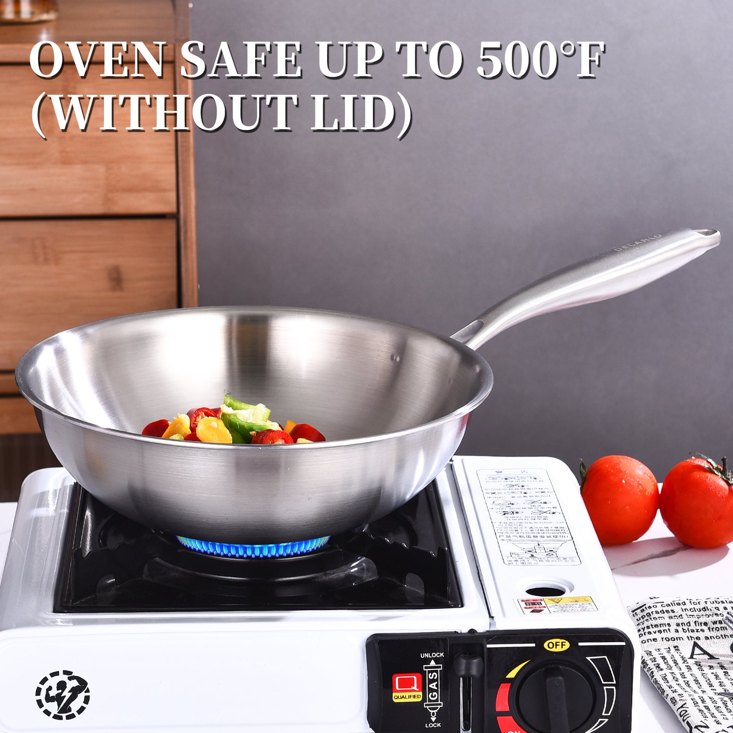 DELARLO Whole Body Tri-Ply Stainless Steel Pan 10 inch, Stainless Steel Woks & Stir-Fry Pans, Deep Kitchen Wok Pan with Lids