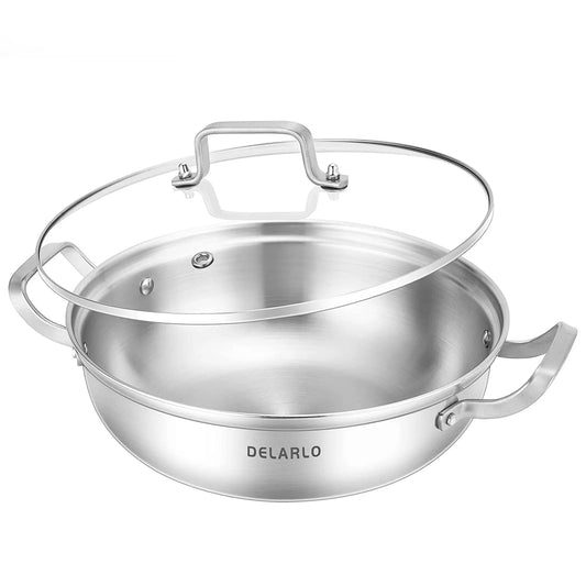 DELARLO Tri-Ply Stainless Steel Everyday Pan 12inch,Kitchen Deep Everything Pan Saute Pan