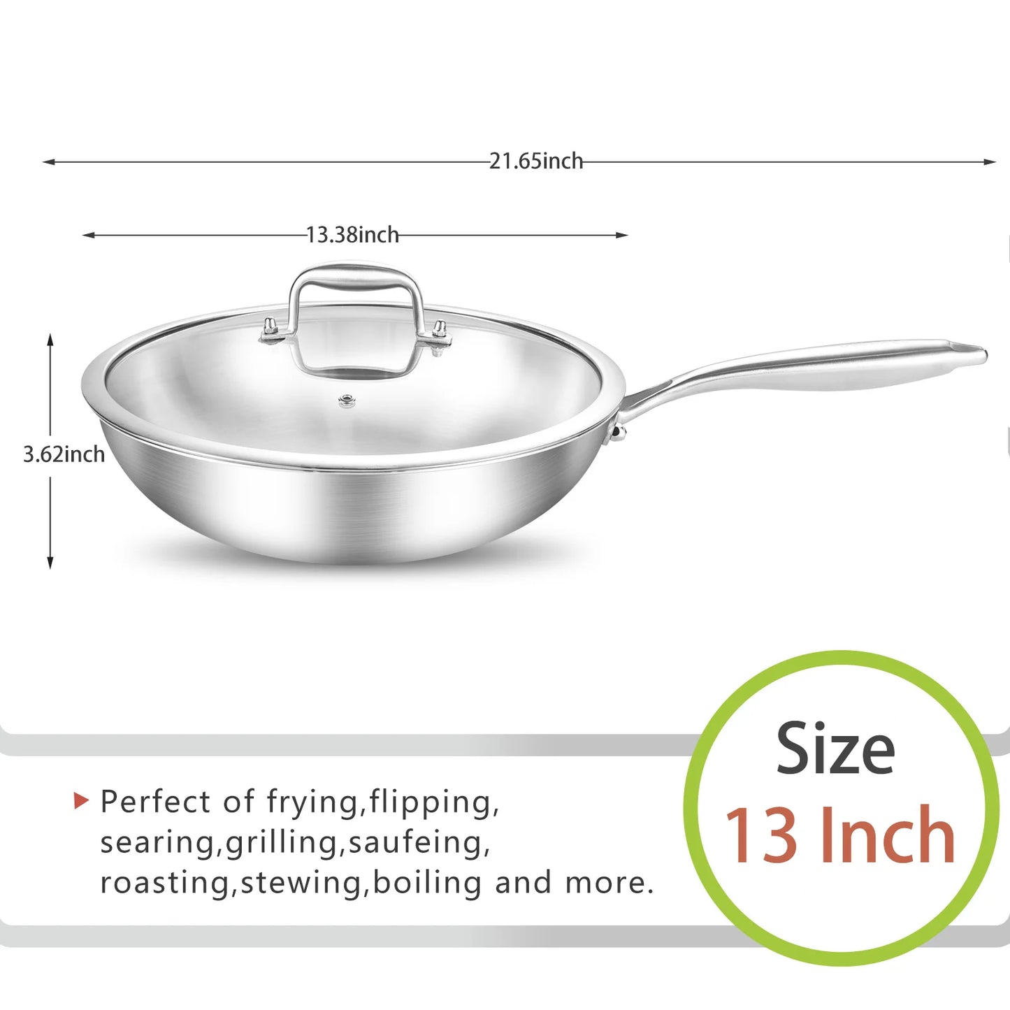 DELARLO Tri-Ply Stainless Steel Wok Pan With Lid 13 Inch Wok, Flat Bottom Wok, Wok for Induction Cooktop, Deep Stainless Wok