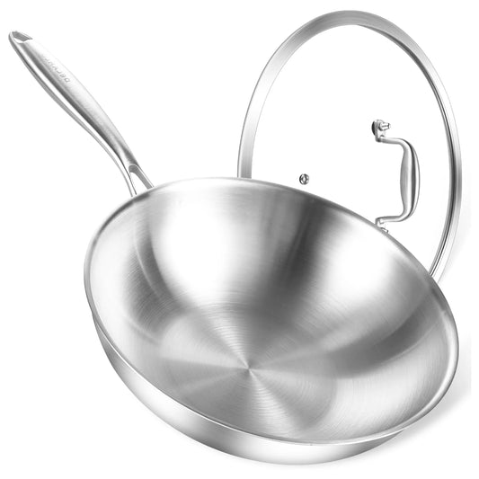 DELARLO Tri-Ply Stainless Steel Wok Pan With Lid 13 Inch Wok, Flat Bottom Wok, Wok for Induction Cooktop, Deep Stainless Wok