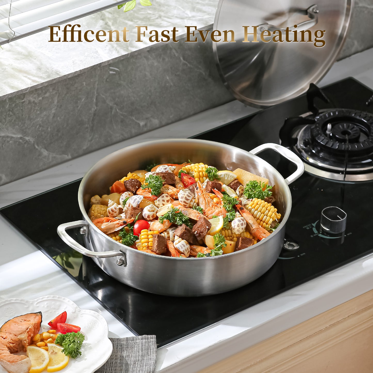 DELARLO Tri-Ply Stainless Steel 5 Quart Braiser Pan with Lid Induction Rondeau Pot With Lid 12inch Deep Frying Pan Large Saute Pan Heavy Duty Style Compatible With All Cooktops Up to 650℉
