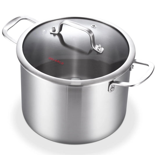DELARLO Tri-ply Stainless Steel StockPot 12QT, Induction Cooking Pot 18/10 Stockpots Food Grade, Durable Soup Pot Stew Simmering Pot with Glass Lid Suitable for All stoves