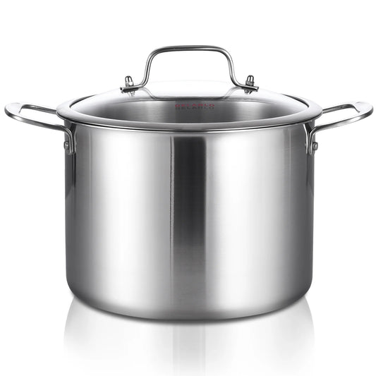 DELARLO Tri-ply Stainless Steel StockPot 8QT, Induction Cooking Pot 18/10 Stockpots Food Grade, Durable Soup Pot Stew Simmering Pot with Glass Lid Suitable for All stoves