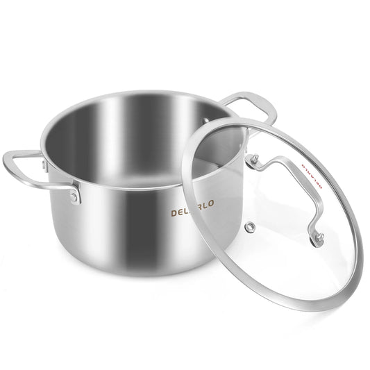 DELARLO Tri-ply Stainless Steel StockPot 5QT, Induction Cooking Pot 18/10 Stockpots Food Grade, Durable Soup Pot Stew Simmering Pot with Glass Lid Suitable for All stoves