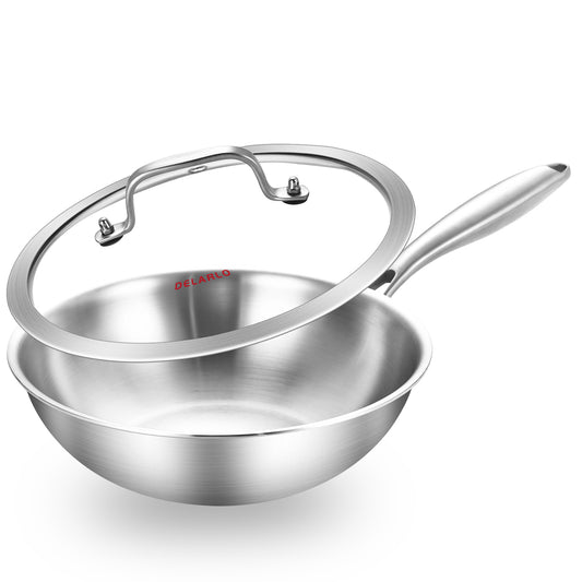 DELARLO Whole Body Tri-Ply Stainless Steel Pan 10 inch, Stainless Steel Woks & Stir-Fry Pans, Deep Kitchen Wok Pan with Lids