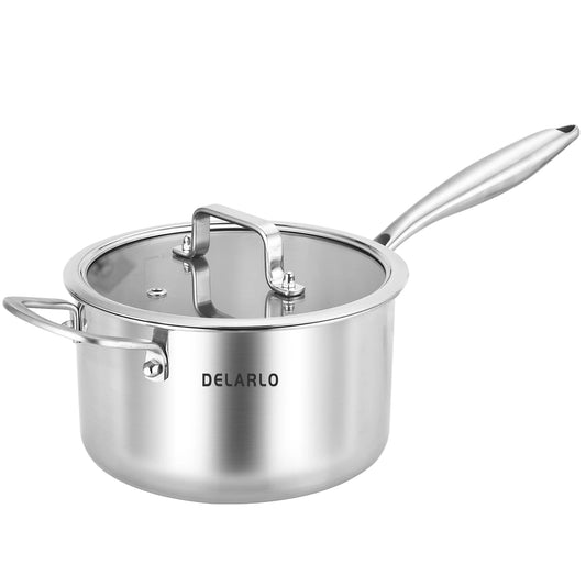 DELARLO Tri-Ply Stainless Steel Saucepan 3.5QT, induction Cooking Saucepan With Lid,Induction Pot,Sauce Pot,Dishwasher Safe & Oven Safe