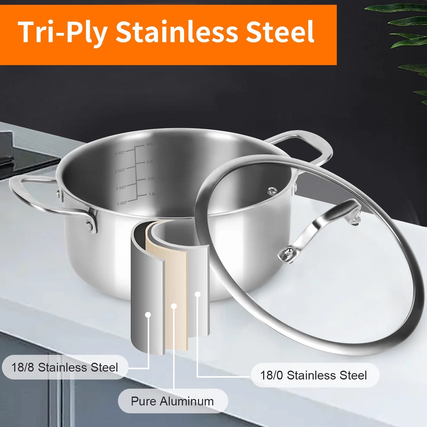 DELARLO Tri-ply Stainless Steel StockPot 5QT, Induction Cooking Pot 18/10 Stockpots Food Grade, Durable Soup Pot Stew Simmering Pot with Glass Lid Suitable for All stoves