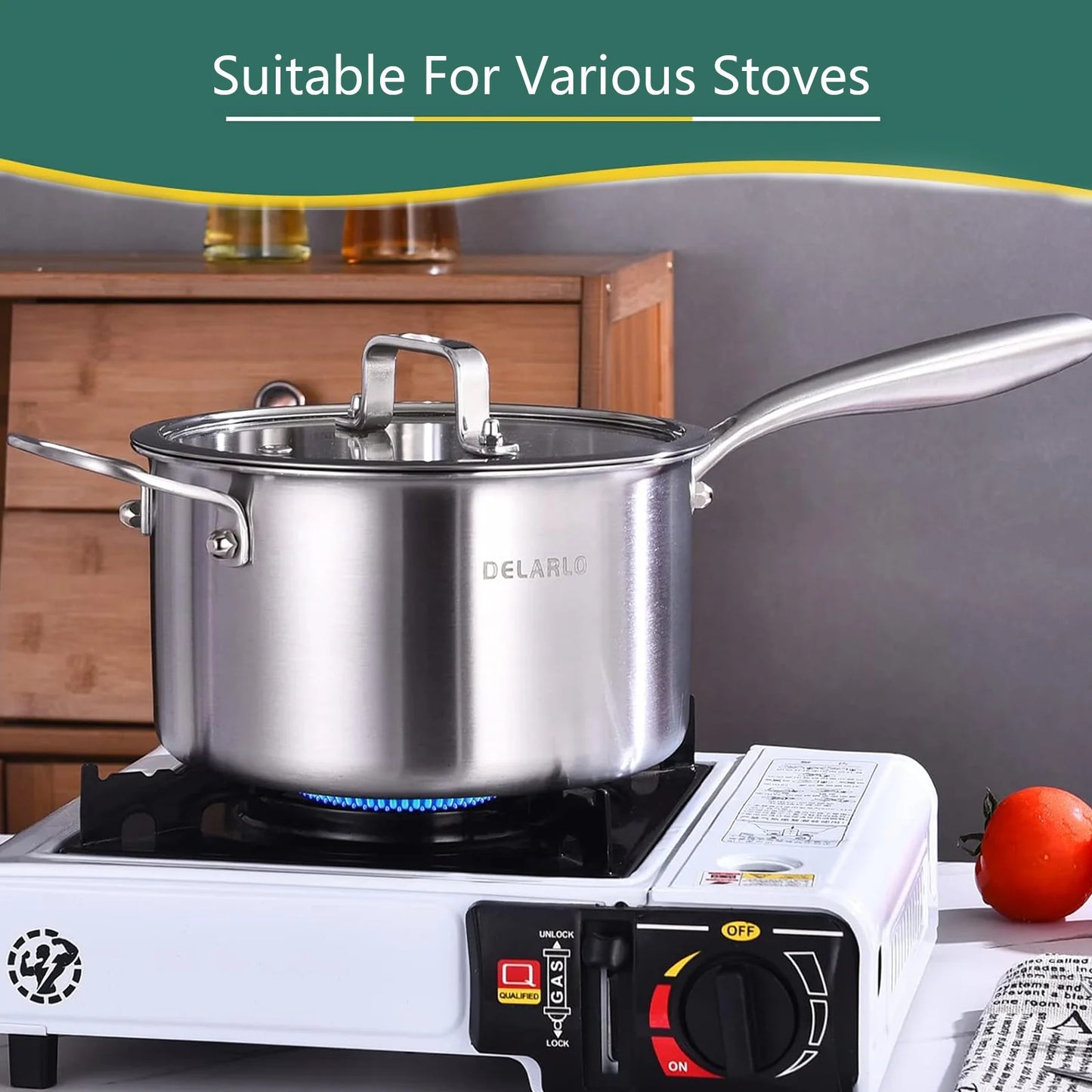 DELARLO Tri-Ply Stainless Steel Saucepan 3.5QT, induction Cooking Saucepan With Lid,Induction Pot,Sauce Pot,Dishwasher Safe & Oven Safe