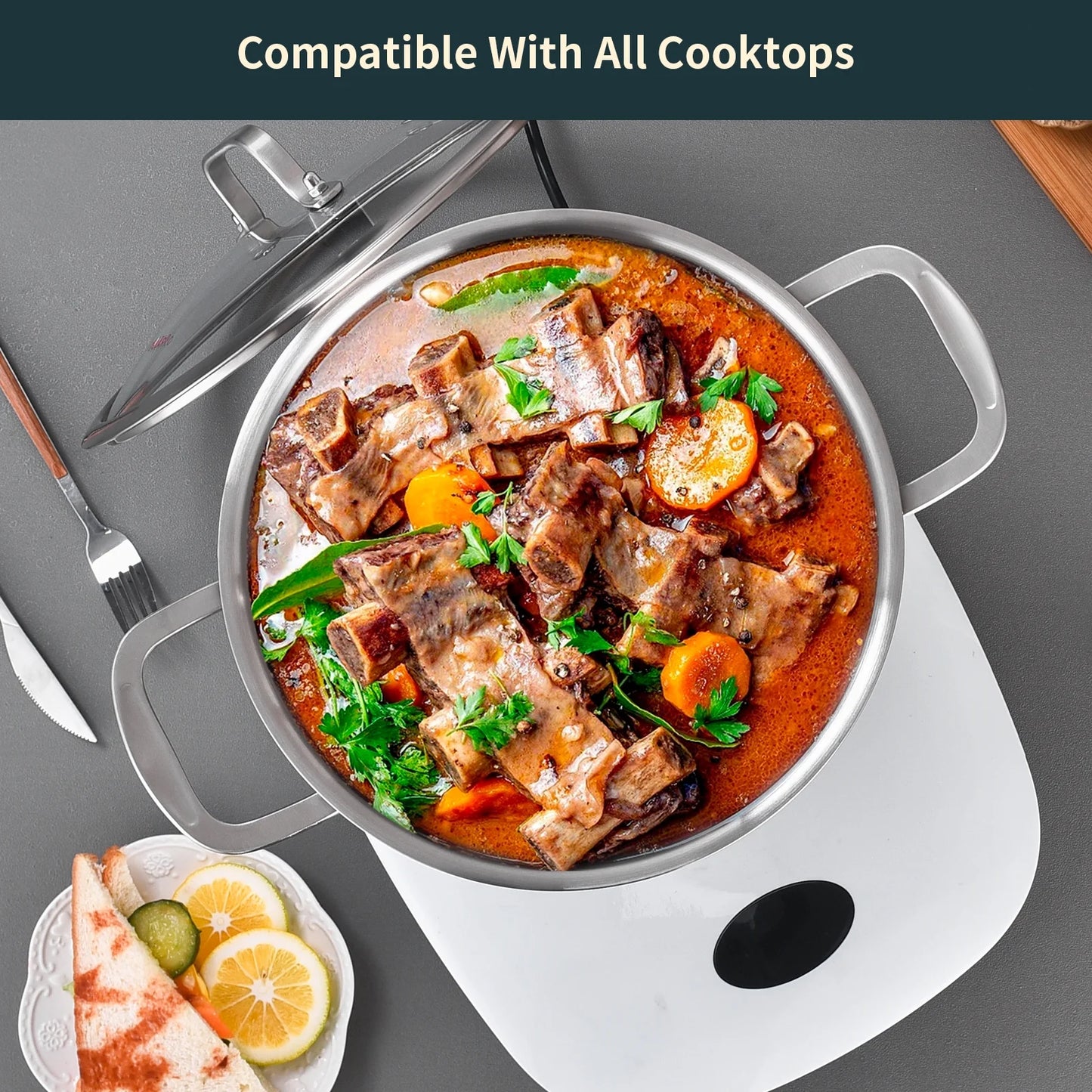DELARLO Tri-ply Stainless Steel StockPot 12QT, Induction Cooking Pot 18/10 Stockpots Food Grade, Durable Soup Pot Stew Simmering Pot with Glass Lid Suitable for All stoves