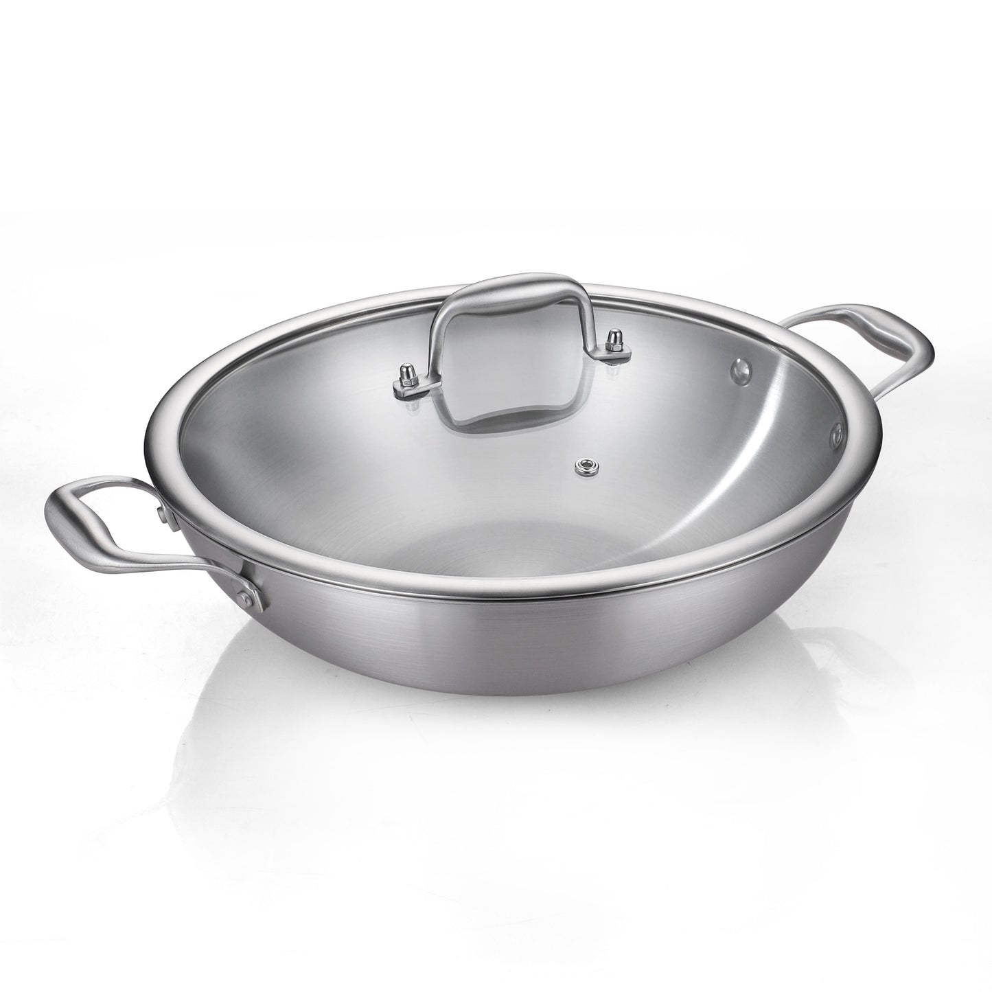 Tri-Ply Stainless Steel Flat Bottom Wok, 13 Inch With Lid, Durable Large Frying pan, Fast Even Heat Saute Pan