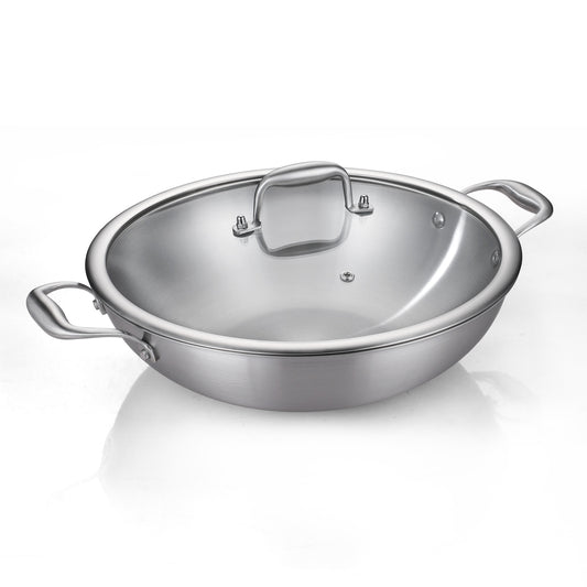 Tri-Ply Stainless Steel Flat Bottom Wok, 13 Inch With Lid, Durable Large Frying pan, Fast Even Heat Saute Pan