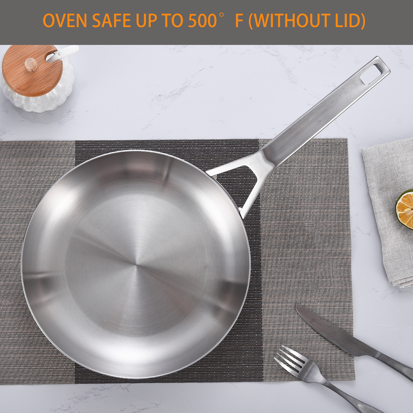 Delarlo 12'' Oven Safe Stainless Steel Frying Pan with Lid