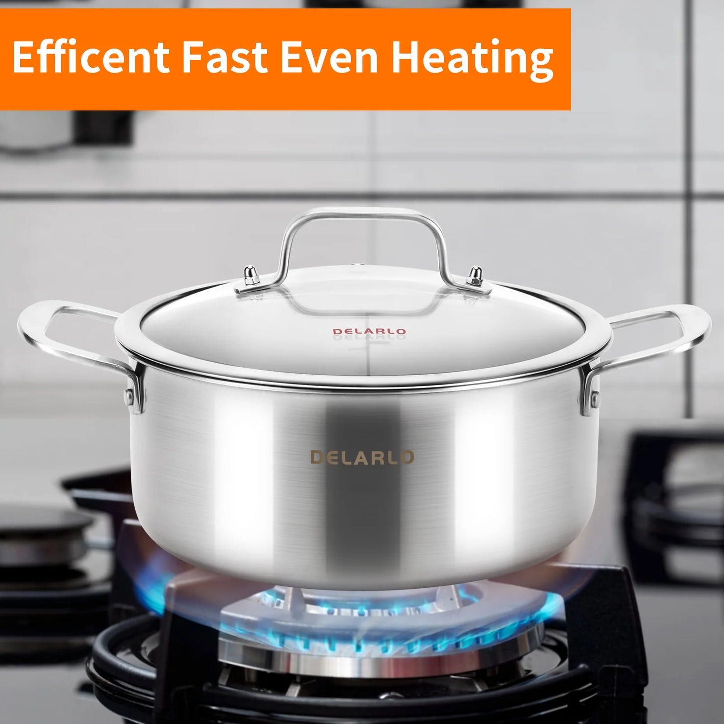 DELARLO Tri-ply Stainless Steel StockPot 5QT, Induction Cooking Pot 18/10 Stockpots Food Grade, Durable Soup Pot Stew Simmering Pot with Glass Lid Suitable for All stoves