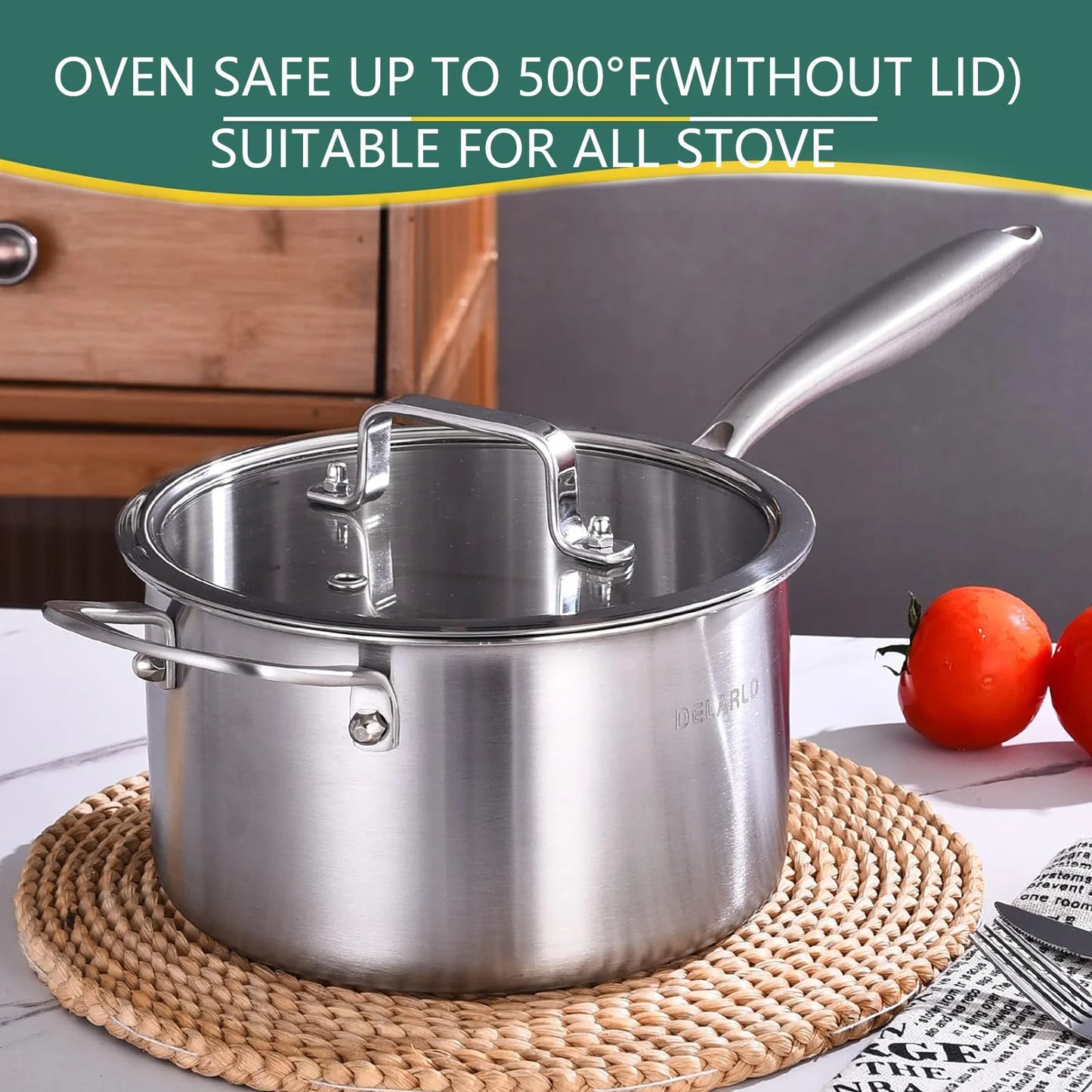 DELARLO Tri-Ply Stainless Steel Saucepan 3.5QT, induction Cooking Saucepan With Lid,Induction Pot,Sauce Pot,Dishwasher Safe & Oven Safe
