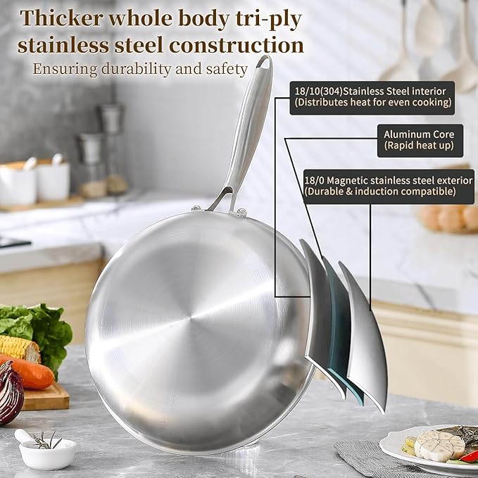 28cm Tri-Ply Stainless Steel Frying Pan | Non-Toxic PFAS-Free Uncoated Induction Skillet, Oven Safe, Fast Even Heat for Steak, Eggs and Vegetables
