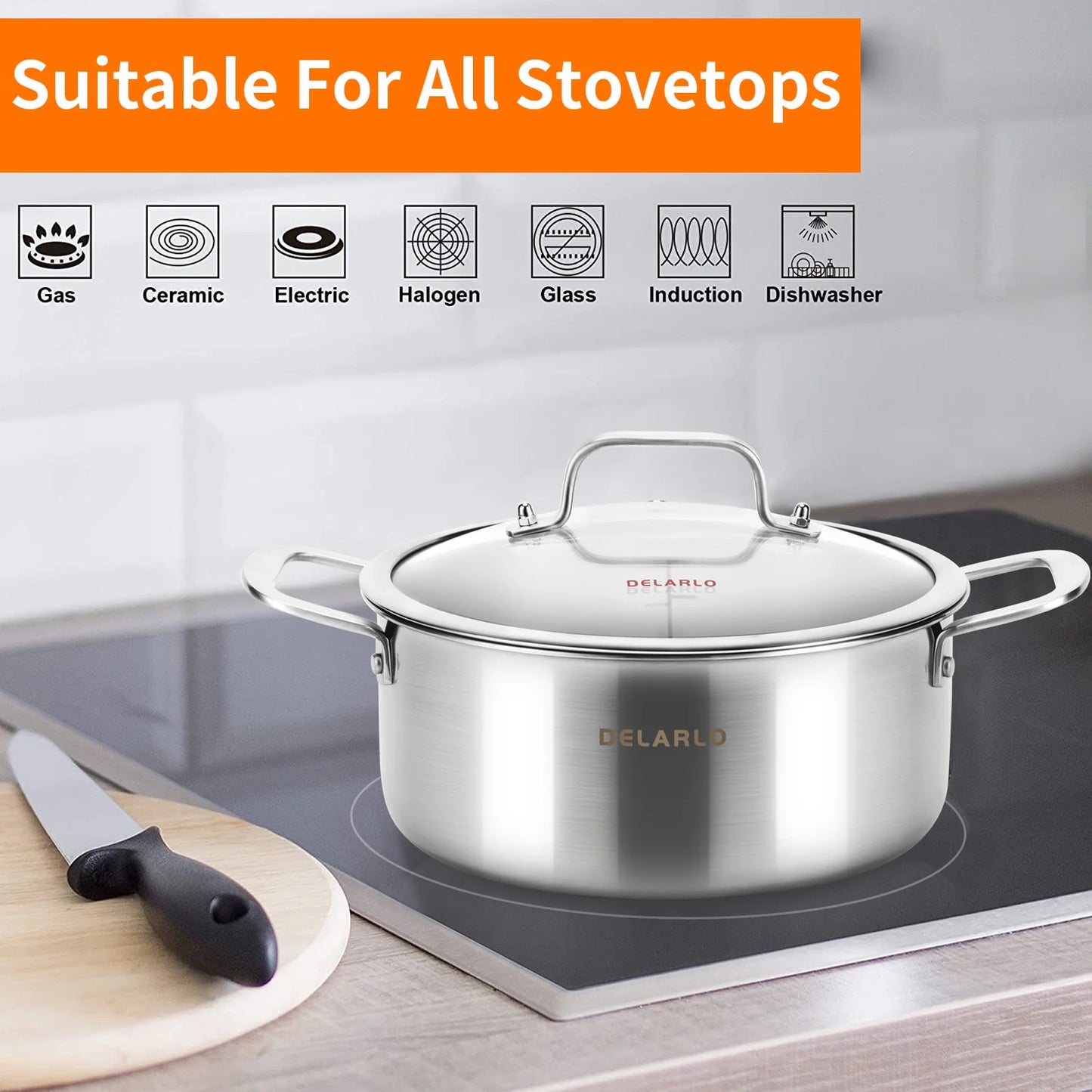 DELARLO Tri-ply Stainless Steel StockPot 5QT, Induction Cooking Pot 18/10 Stockpots Food Grade, Durable Soup Pot Stew Simmering Pot with Glass Lid Suitable for All stoves