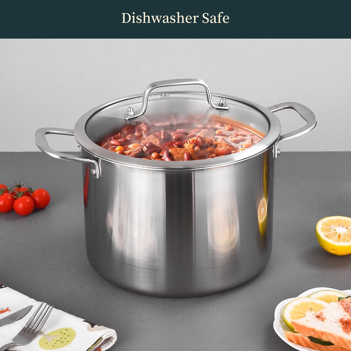 DELARLO Tri-ply Stainless Steel StockPot 12QT, Induction Cooking Pot 18/10 Stockpots Food Grade, Durable Soup Pot Stew Simmering Pot with Glass Lid Suitable for All stoves
