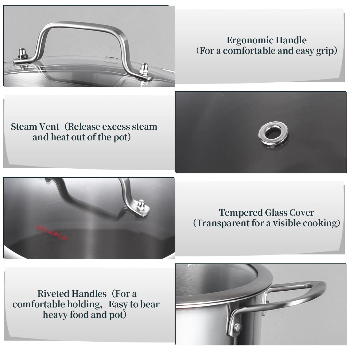 DELARLO Tri-ply Stainless Steel StockPot 12QT, Induction Cooking Pot 18/10 Stockpots Food Grade, Durable Soup Pot Stew Simmering Pot with Glass Lid Suitable for All stoves