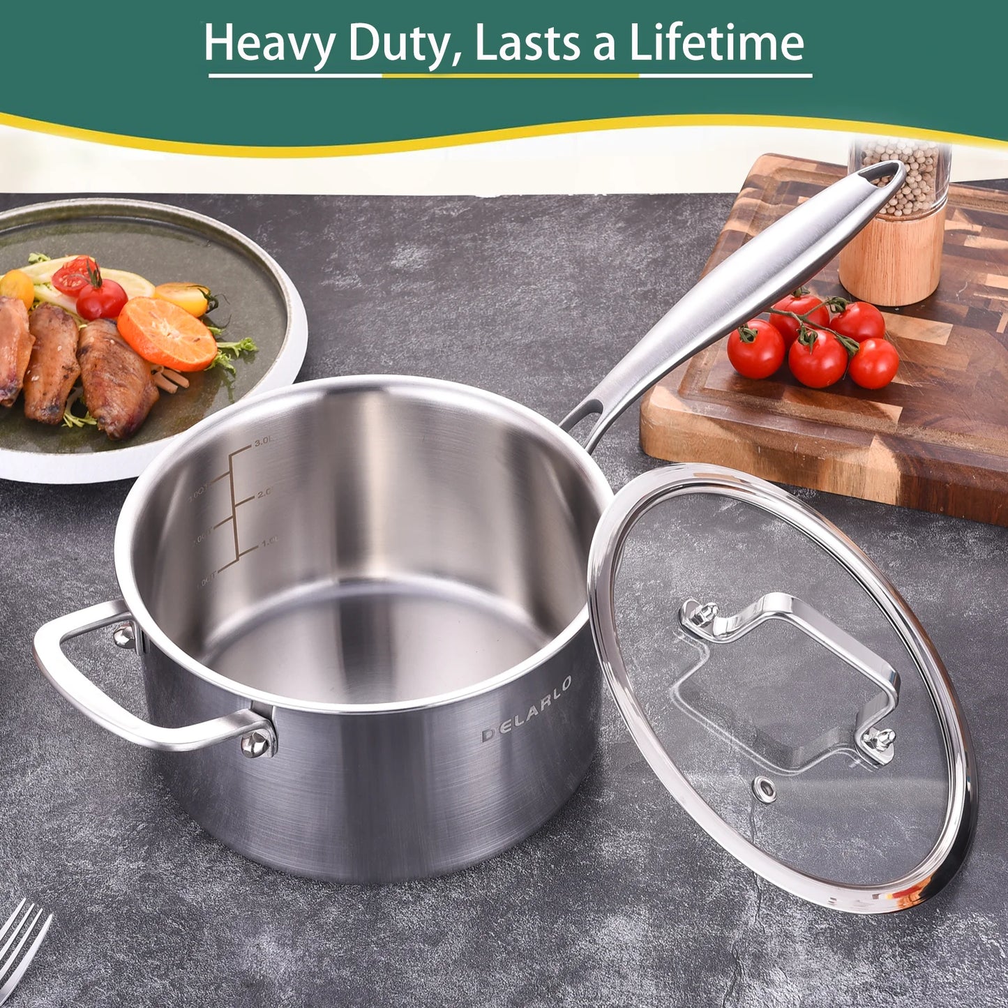 DELARLO Tri-Ply Stainless Steel Saucepan 3.5QT, induction Cooking Saucepan With Lid,Induction Pot,Sauce Pot,Dishwasher Safe & Oven Safe