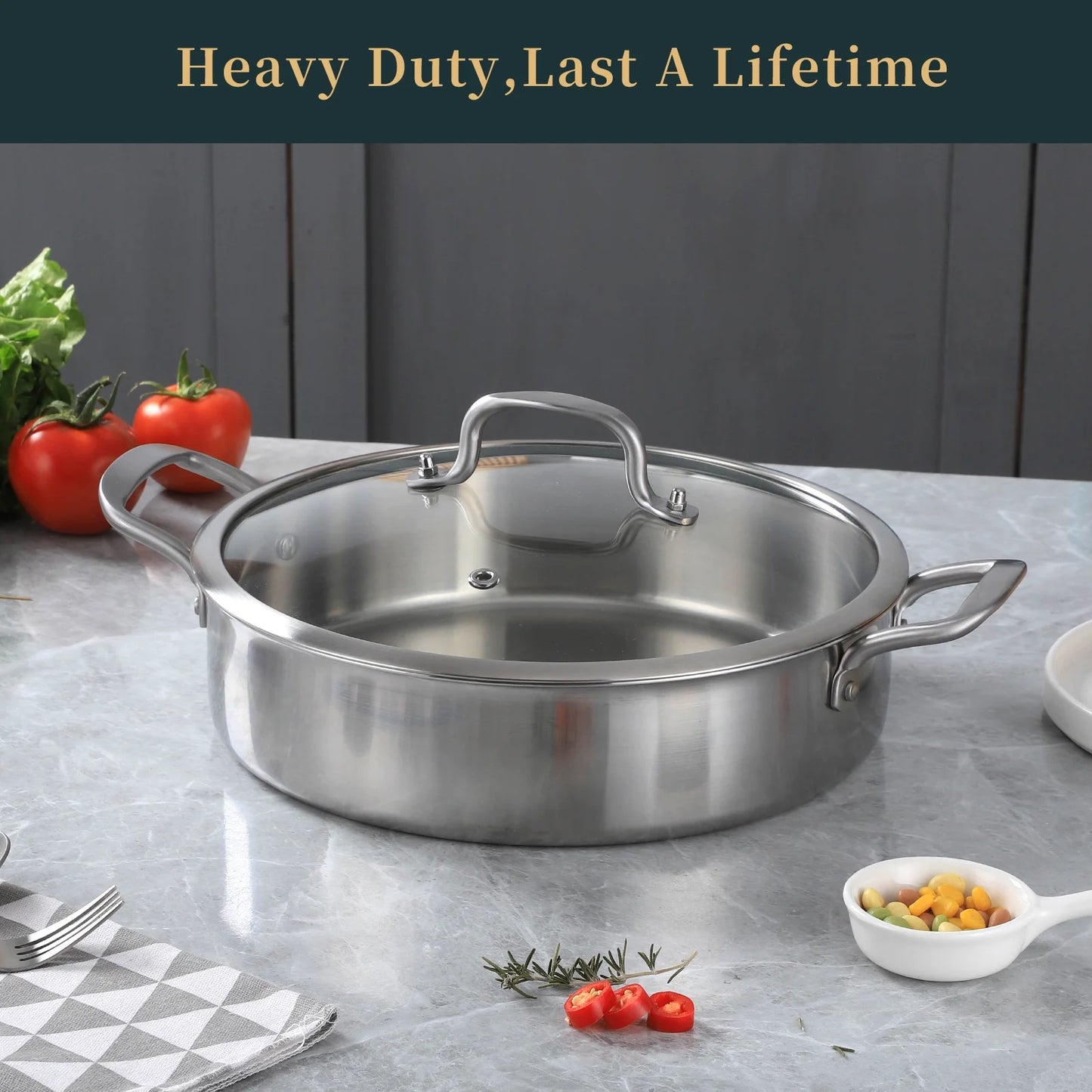 DELARLO Tri-Ply Stainless Steel 7QT Saute Pan with lid Double handle 12 Inch Deep Frying Pan, Large Skillet Cooking Pan Induction Compatible Chef Pan, Dishwasher & Oven Safe