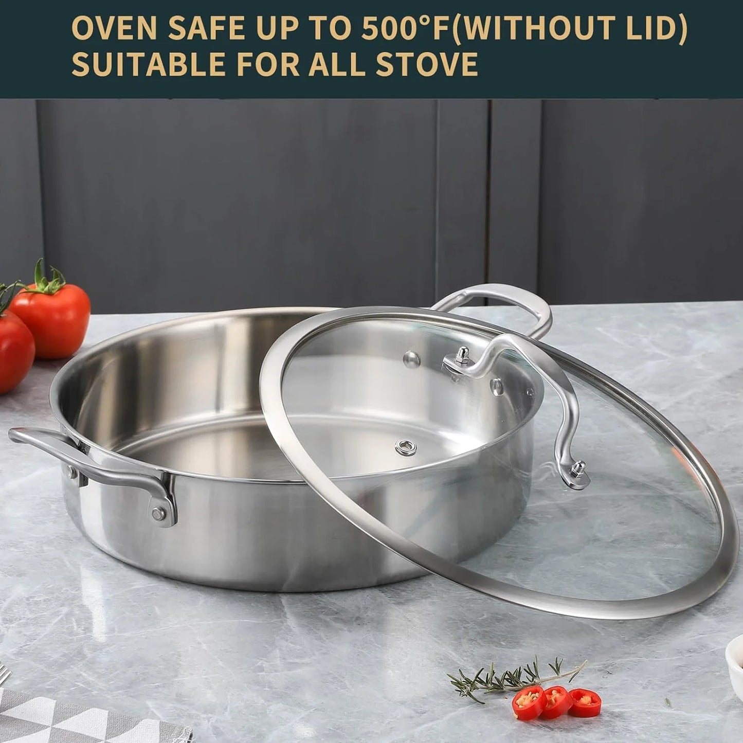 DELARLO Tri-Ply Stainless Steel 7QT Saute Pan with lid Double handle 12 Inch Deep Frying Pan, Large Skillet Cooking Pan Induction Compatible Chef Pan, Dishwasher & Oven Safe