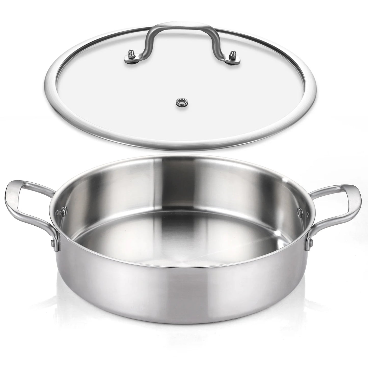 DELARLO Tri-Ply Stainless Steel 5QT Saute Pan with lid Double handle 12 Inch Deep Frying Pan, Large Skillet Cooking Pan Induction Compatible Chef Pan, Dishwasher & Oven Safe