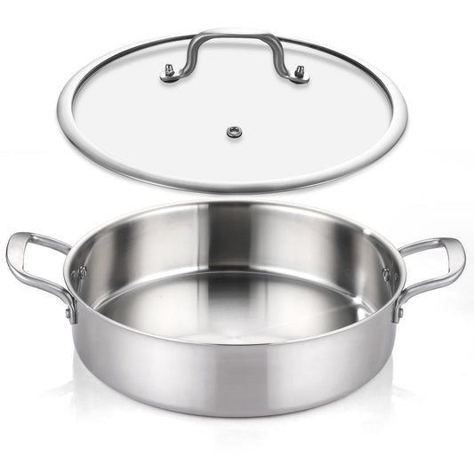 DELARLO Tri-Ply Stainless Steel 5QT Saute Pan with lid Double handle 12 Inch Deep Frying Pan, Large Skillet Cooking Pan Induction Compatible Chef Pan, Dishwasher & Oven Safe