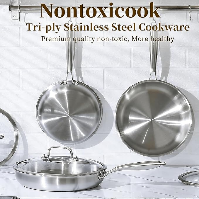 28cm Tri-Ply Stainless Steel Frying Pan | Non-Toxic PFAS-Free Uncoated Induction Skillet, Oven Safe, Fast Even Heat for Steak, Eggs and Vegetables