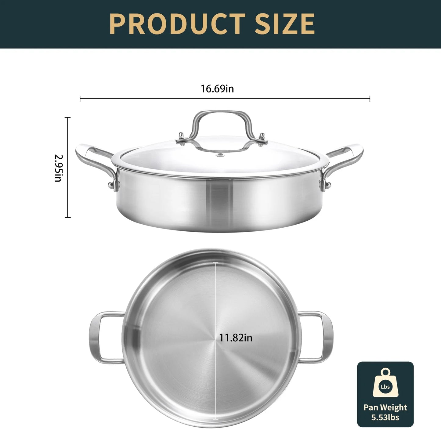 DELARLO Tri-Ply Stainless Steel 5QT Saute Pan with lid Double handle 12 Inch Deep Frying Pan, Large Skillet Cooking Pan Induction Compatible Chef Pan, Dishwasher & Oven Safe
