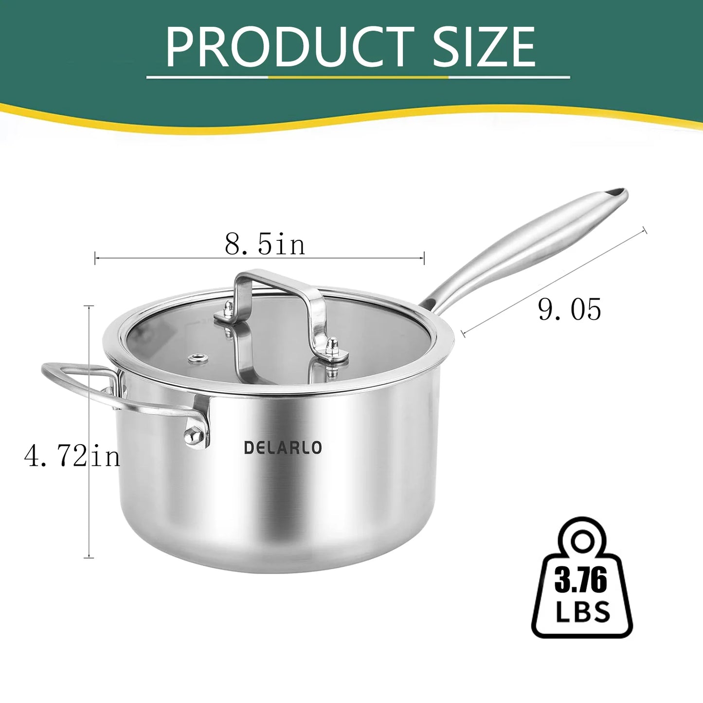 DELARLO Tri-Ply Stainless Steel Saucepan 3.5QT, induction Cooking Saucepan With Lid,Induction Pot,Sauce Pot,Dishwasher Safe & Oven Safe