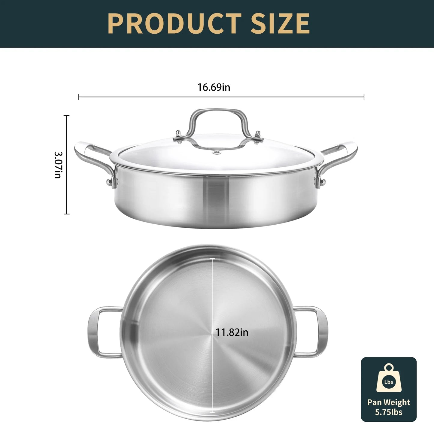DELARLO Tri-Ply Stainless Steel 6QT Saute Pan with lid Double handle 12 Inch Deep Frying Pan, Large Skillet Cooking Pan Induction Compatible Chef Pan, Dishwasher & Oven Safe