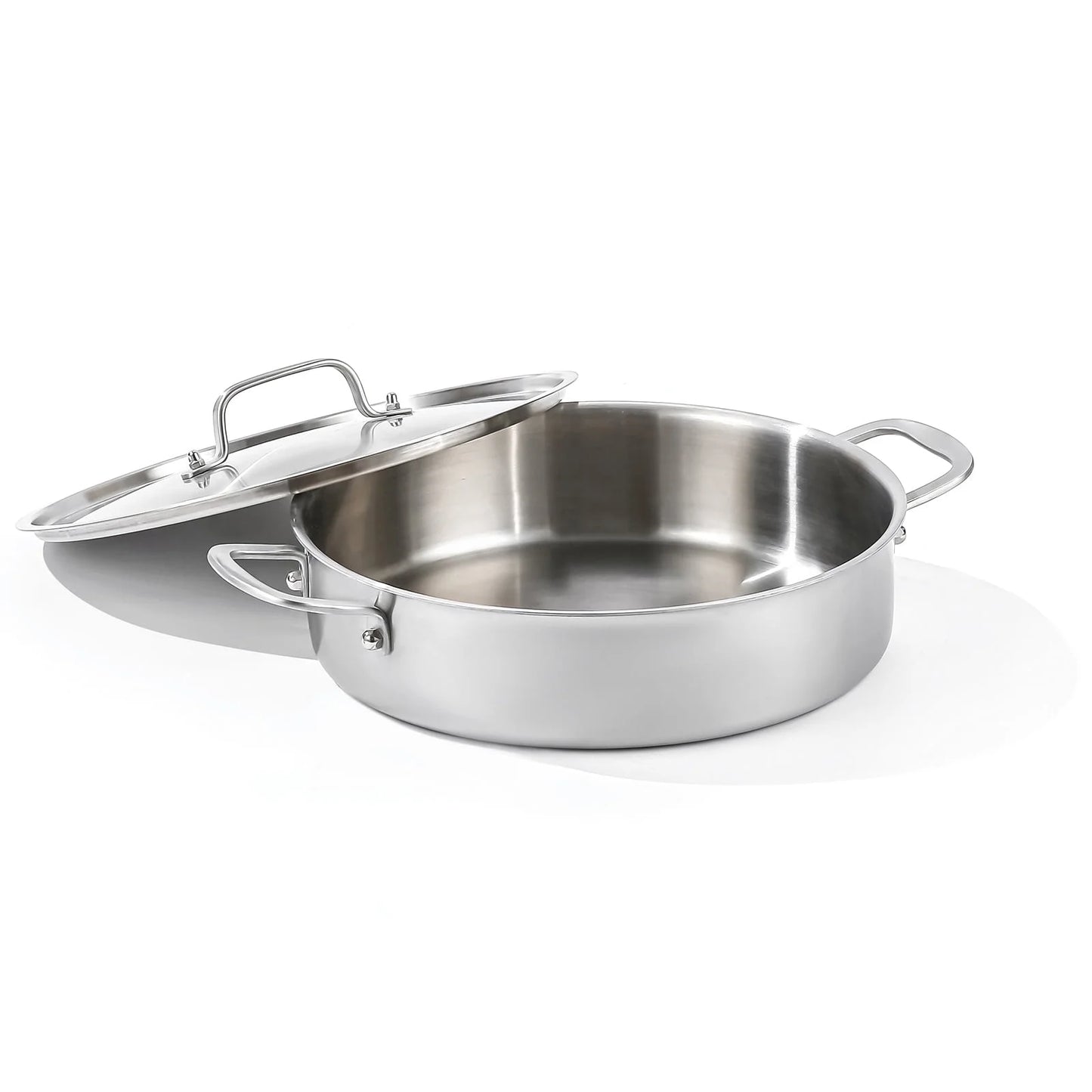 DELARLO Tri-Ply Stainless Steel 6 Quart Saute Pan with Lid Induction Rondeau Pot With Lid 12inch Deep Frying Pan Large Heavy Duty Style Compatible With All Cooktops Up to 500℉