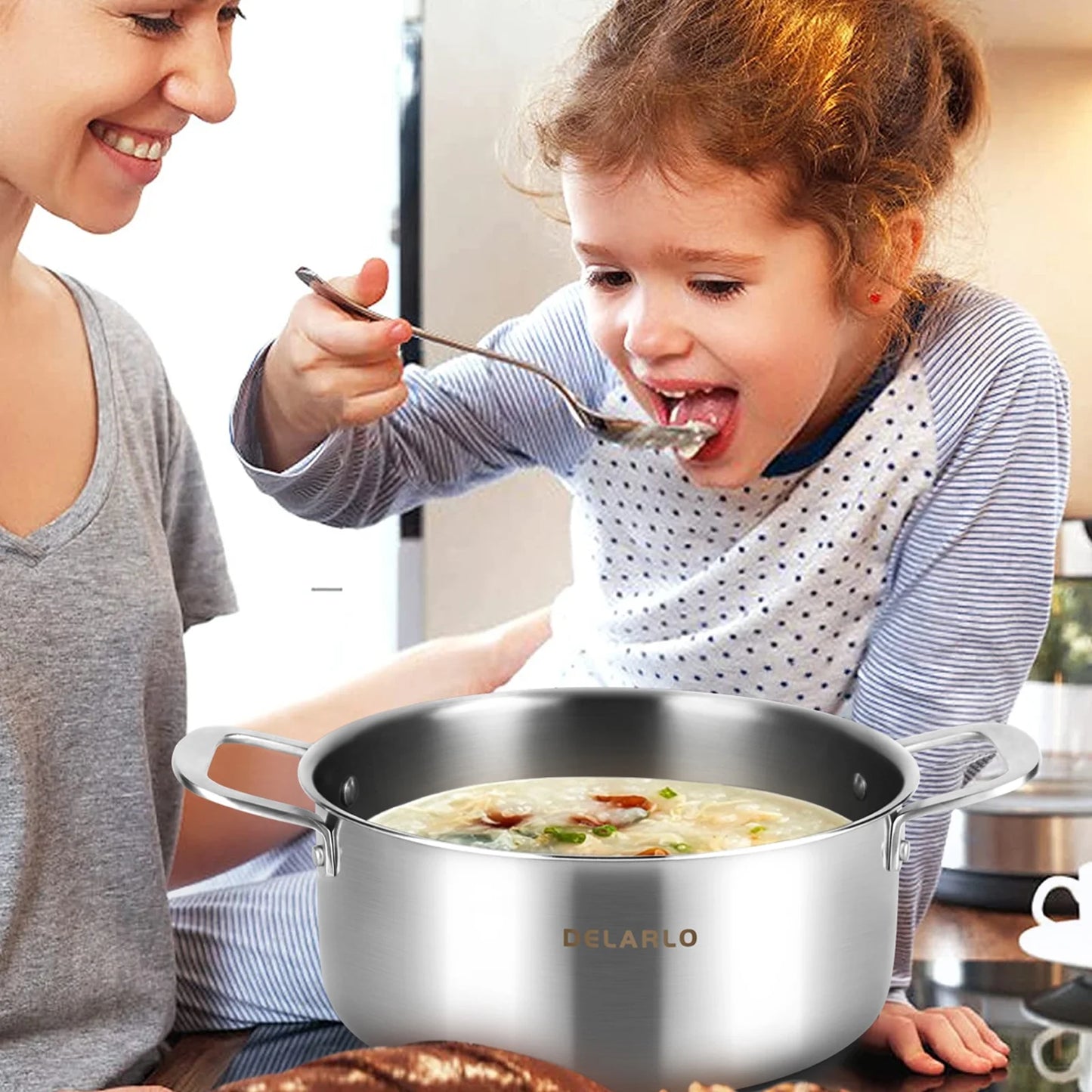 DELARLO Tri-ply Stainless Steel StockPot 5QT, Induction Cooking Pot 18/10 Stockpots Food Grade, Durable Soup Pot Stew Simmering Pot with Glass Lid Suitable for All stoves