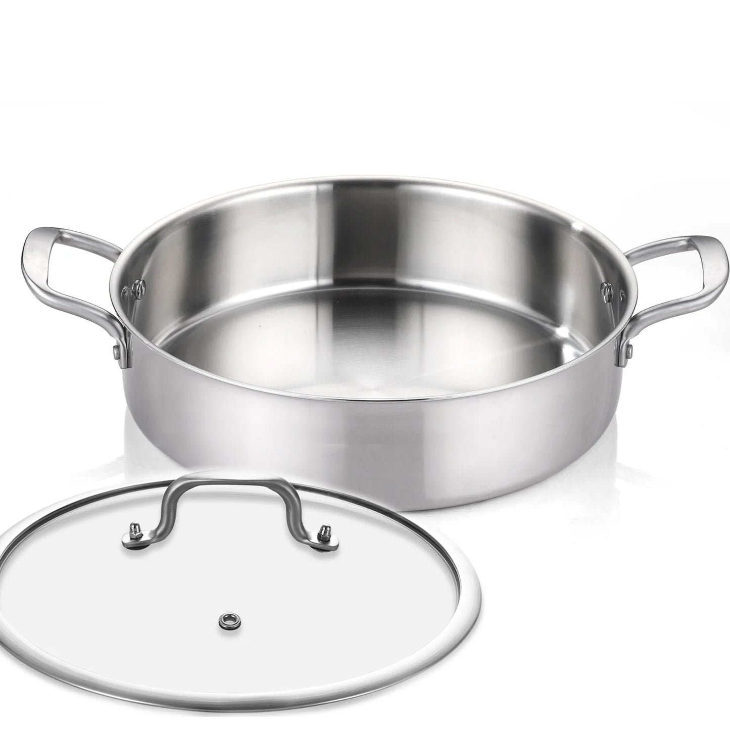 DELARLO Tri-Ply Stainless Steel 7QT Saute Pan with lid Double handle 12 Inch Deep Frying Pan, Large Skillet Cooking Pan Induction Compatible Chef Pan, Dishwasher & Oven Safe