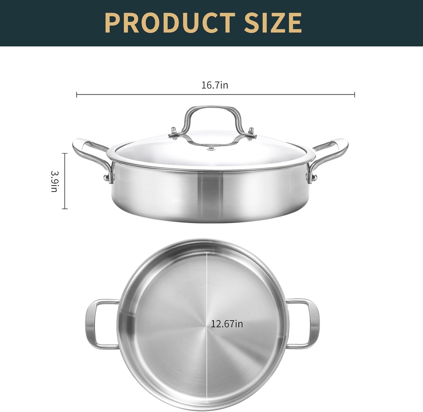 DELARLO Tri-Ply Stainless Steel 7QT Saute Pan with lid Double handle 12 Inch Deep Frying Pan, Large Skillet Cooking Pan Induction Compatible Chef Pan, Dishwasher & Oven Safe