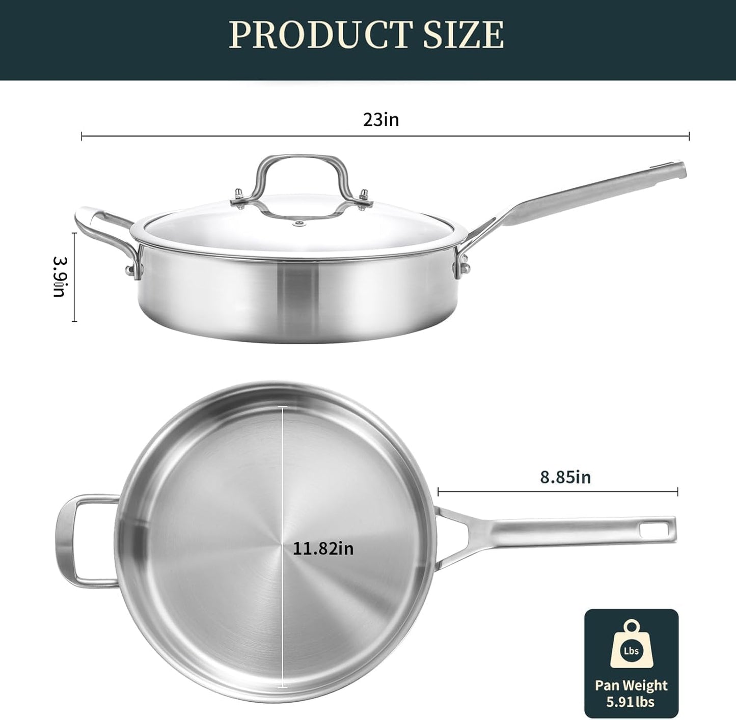 DELARLO Tri-Ply Stainless Steel 7QT Saute Pan with lid 12 Inch Deep Frying Pan, Large Skillet Cooking Pan Induction Compatible Chef Pan, Dishwasher & Oven Safe
