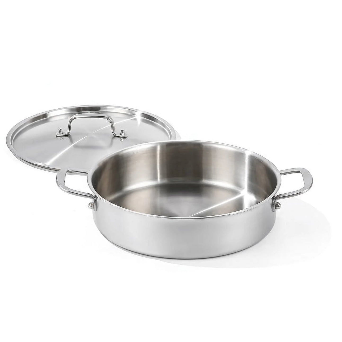 DELARLO Tri-Ply Stainless Steel 8 Quart Saute Pan with Lid Induction Rondeau Pot With Lid 13inch Deep Frying Pan Large Heavy Duty Style Compatible With All Cooktops Up to 500℉